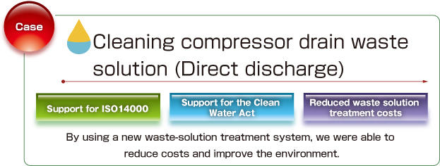 Case Cleaning compressor drain waste solution (Direct discharge) Support for ISO14000 Support for the Clean Water Act Reduced waste solution treatment costs By using a new waste-solution treatment system, we were able to reduce costs and improve the environment.