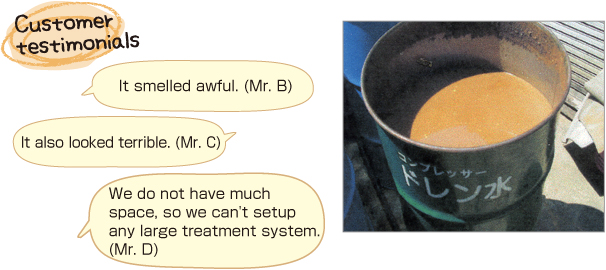 Customer testimonials It smelled awful. (Mr. B)It also looked terrible. (Mr. C)We do not have much space, so we can't setup any large treatment system. (Mr. D)